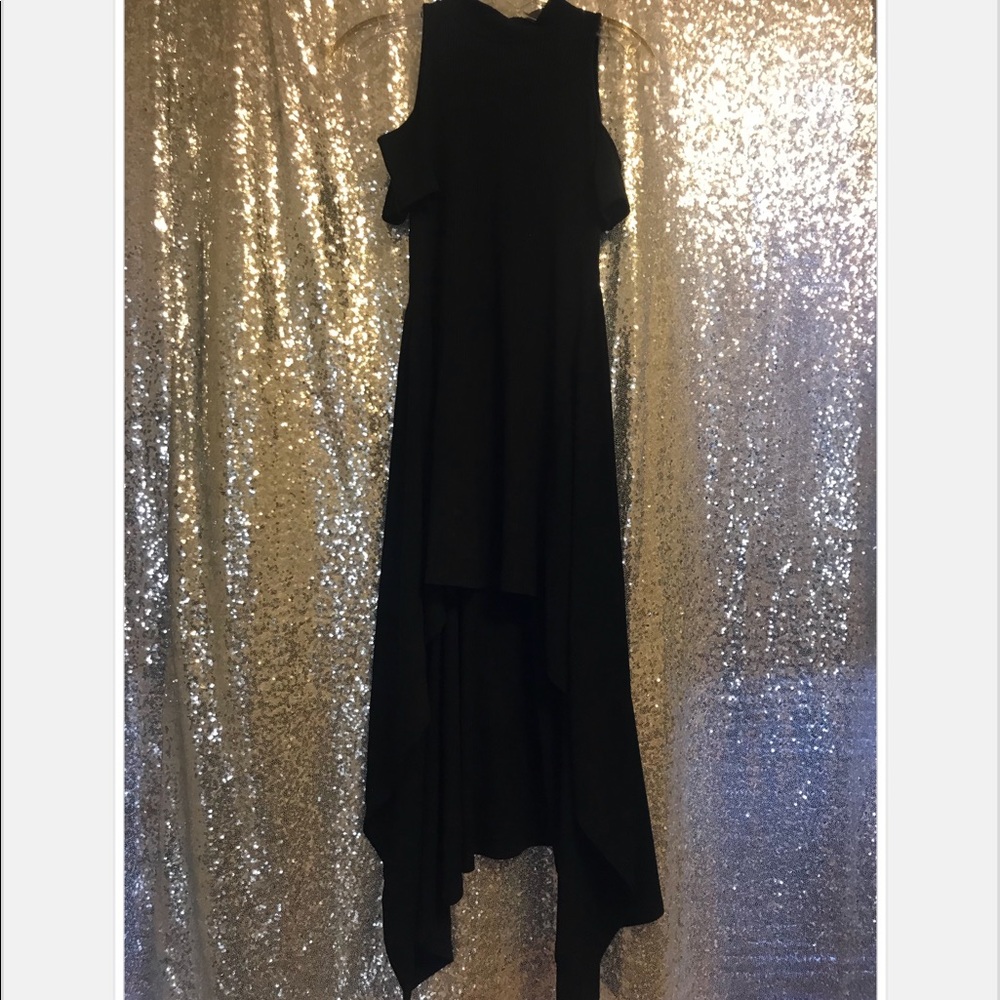 NWT BLK MOCKNECK PEEK A BOO SHOULDER hi/low DRESS